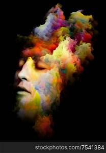 Colorful Portrait. Inner Color series. Design composed of human face and abstract colors isolated on black background as a metaphor for art, design and psychology