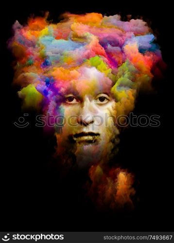 Colorful Portrait. Inner Color series. Interplay of human face and abstract colors isolated on black background related to art, design and psychology