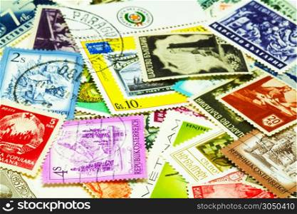 colorful post stamps on white