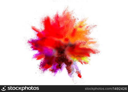 Colorful powder explosion on white background. Colored cloud. Colorful dust explode. Indian festival Holi