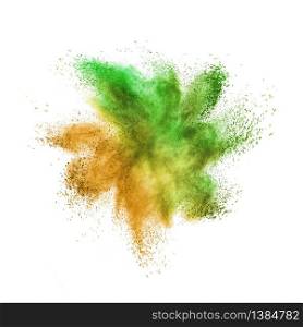 Colorful powder explosion or splash in yellow and green colors on a white background with copy space.. Creative colorful powder or dust explosion on a white background.