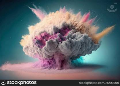 Colorful powder paint burst on blue background. Abstract paint texture background, copy space. Colorful powder paint burst on blue background