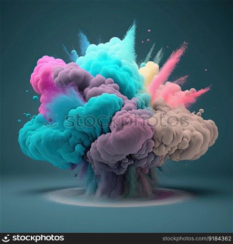 Colorful powder paint burst on blue background. Abstract paint texture background, copy space. AI. Colorful powder paint burst on blue background. AI