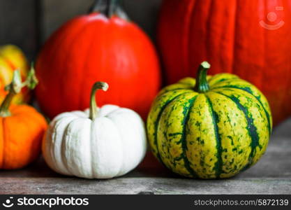 Colorful pumpkins and fall leaves on rustic wooden background