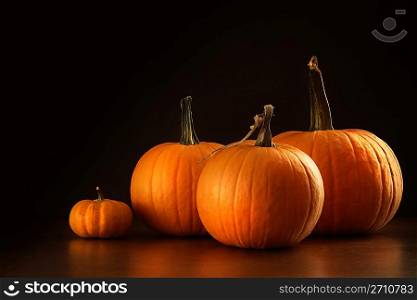 Colorful pumpkins on wood table on dark