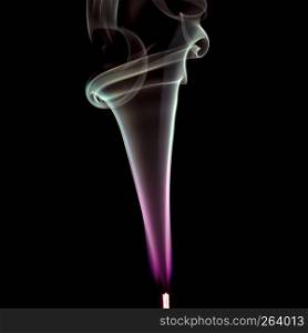 Colorful purple and green smoke of incence stick isolated at black background. Colorful smoke of incence stick isolated at black background