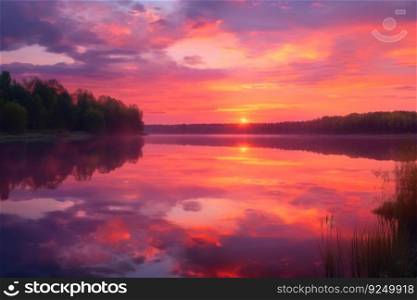 colorful purple heavenly sunset sky by calm evening river landscape generative ai.