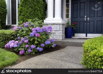 Colorful purple hydrangea flowers in full bloom during early summer in front yard of home 