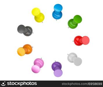 Colorful push pins, thumbtack isolated on white background, 3d i. Colorful push pins, thumbtack isolated on white background, 3d illustration. Colorful push pins, thumbtack isolated on white background, 3d illustration