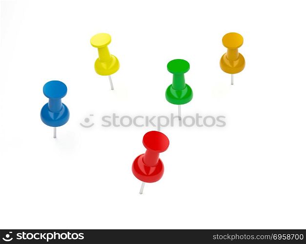 Colorful push pins, thumbtack isolated on white background, 3d i. Colorful push pins, thumbtack isolated on white background, 3d illustration. Colorful push pins, thumbtack isolated on white background, 3d illustration