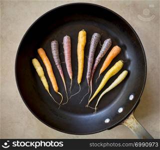 Colorful rainbow carrots in a dark roasting pan
