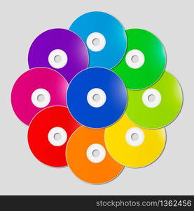 Colorful rainbow CD - DVD range in a circle shape isolated on grey background - illustration. Colorful rainbow CD - DVD in a circle shape on grey background