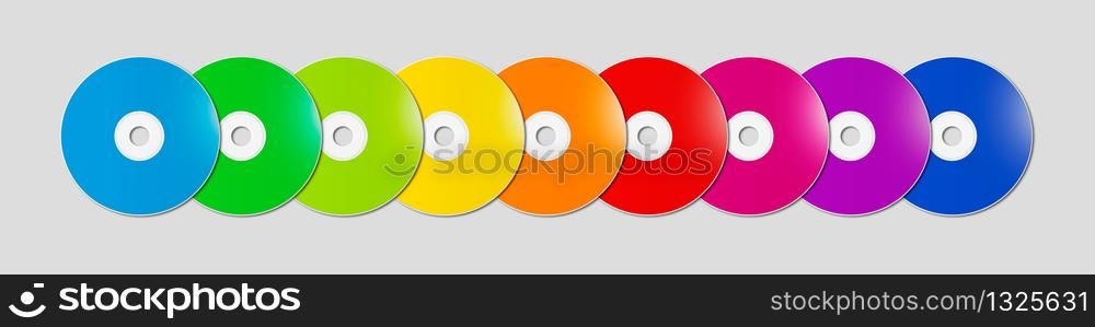 Colorful rainbow CD - DVD range isolated on grey background banner - mockup illustration. Colorful rainbow CD - DVD range on grey background banner