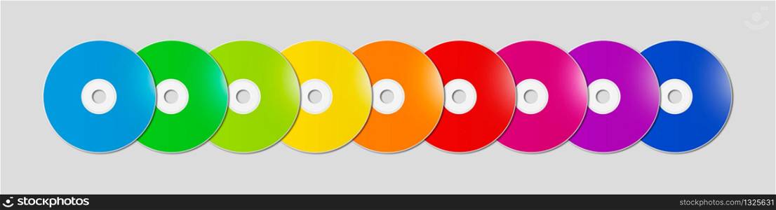 Colorful rainbow CD - DVD range isolated on grey background banner - mockup illustration. Colorful rainbow CD - DVD range on grey background banner