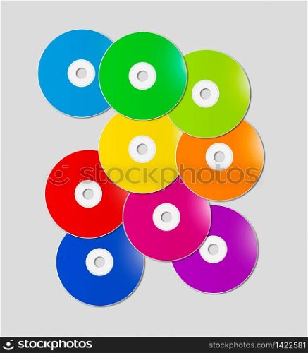Colorful rainbow CD - DVD range isolated on grey background - mockup illustration. Colorful rainbow CD - DVD range on grey background