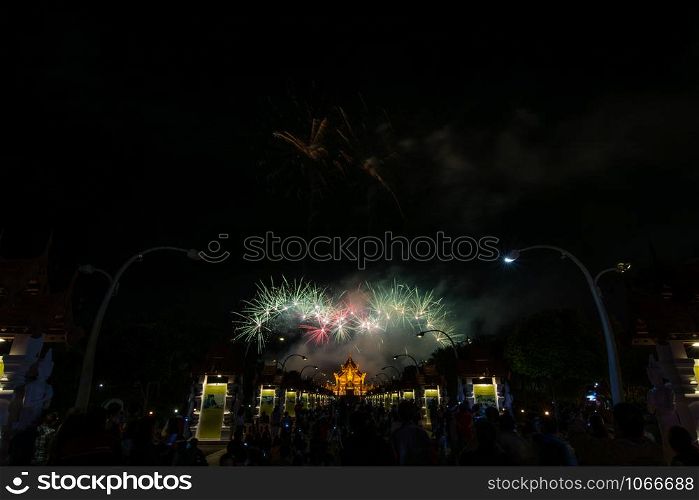 Colorful Rainbow Fireworks in the New Year 2018 Events at Royal Flora Ratchaphruek, Chiang Mai, Thailand
