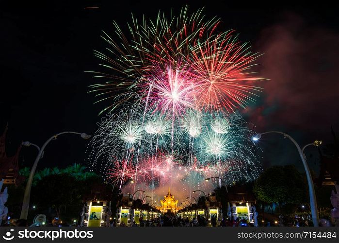 Colorful Rainbow Fireworks in the New Year 2018 Events at Royal Flora Ratchaphruek, Chiang Mai, Thailand