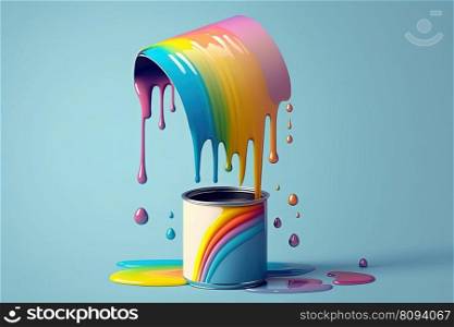 Colorful rainbow liquid paint splash over paint can on blue background. Abstract paint texture background, copy space. AI. Colorful liquid rainbow splash over paint can on blue background. AI