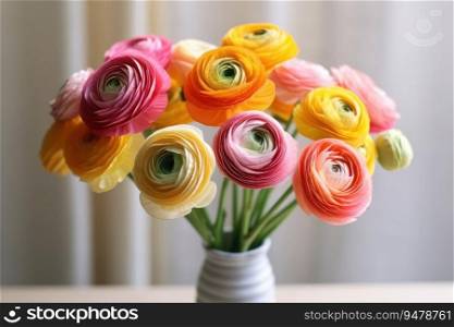 Colorful ranunculus in a bouquet. Persian buttercups bouquet of spring flowers. Generative AI