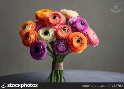 Colorful ranunculus in a bouquet. Persian buttercups bouquet of spring flowers. Generative AI