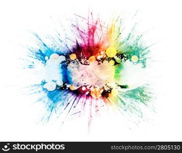 Colorful retro rainbow splatter design with beautiful color variatons, detailed splatters and zoomed explosion blur effect. Vinyl records in the middle with frame for custom elements.