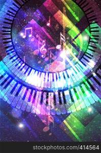 Colorful retro style music poster design background with hard paper texture and music notes.