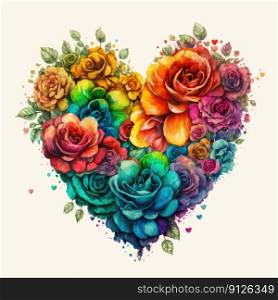 Colorful roses in heart shape with watercolor in multicolored design. Decorated by various color of petal on floral passion. Finest generative AI.. Colorful roses in heart shape with watercolor in multicolored design.