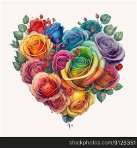 Colorful roses in heart shape with watercolor in multicolored design. Decorated by various color of petal on floral passion. Finest generative AI.. Colorful roses in heart shape with watercolor in multicolored design.