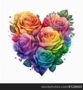 Colorful roses in heart shape with watercolor in multicolored design. Decorated by various color of petal on floral passion. Finest generative AI.. Colorful roses in heart shape with watercolor in multicolored design.