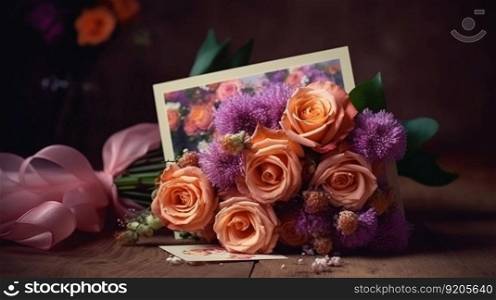 Colorful roses on wooden background, ai generatived