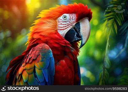 Colorful scarlet macaw parrot in jungle.