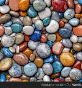 Colorful sea stones seamless pattern. Naturally polished and rounded pebbles repeating background