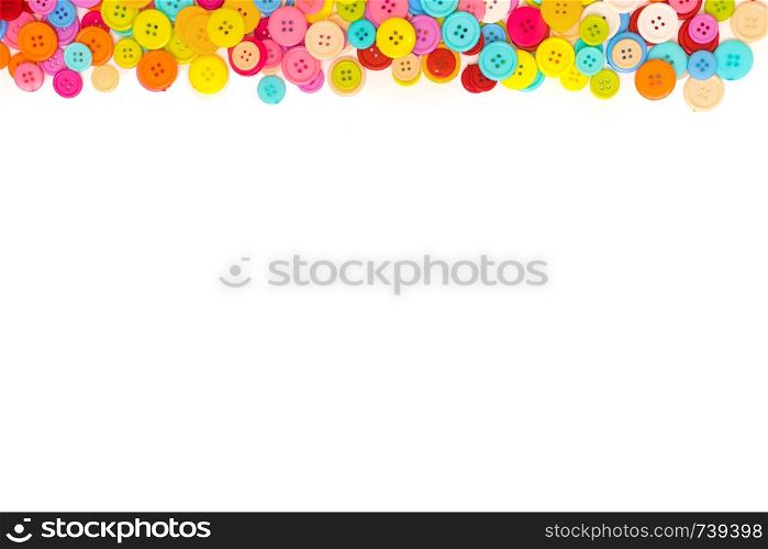 Colorful Sewing buttons on white background. Top view. Free space. Top view. Colorful Sewing buttons on white background. Top view. Free space. Border