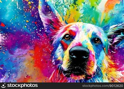Colorful sheep dog among splashes of paint. Generative AI