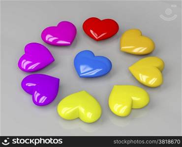 Colorful shiny hearts on gray background