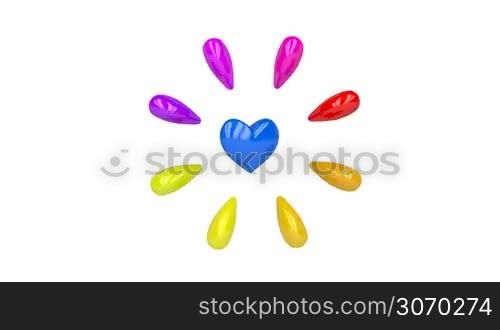 Colorful shiny hearts pulsates and spins on white background