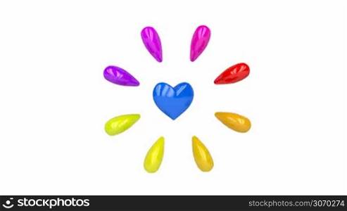 Colorful shiny hearts pulsates and spins on white background