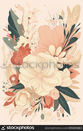 Colorful simple floral decoration illustration background template, creative arrangement of nature and flowers. Good for banner, wedding card invitation draft, birthday, greetings, and design element.