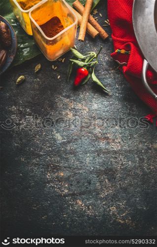 Colorful spices background, top view. Asian, oriental or indian cuisine concept