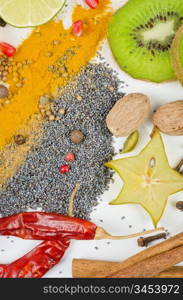 Colorful spices on a white background - beautiful kitchen image.