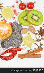 Colorful spices on a white background - beautiful kitchen image.