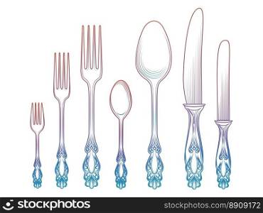 Colorful spoons knives and forks. Colorful cutlery collection vector illustration - spoon knife and fork isolated on white