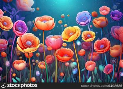 Colorful Spring Flowers Whimsical Wall Mockup, Generative AI