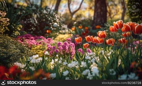 Colorful spring garden. Illustration Generative AI
