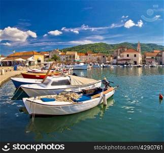 Colorful Stari Grad on Hvar island waterfront view, square composition, Dalmatia, Croatia