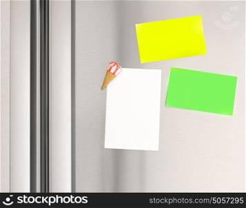 Colorful sticky notes on the fridge at home, abstract domestic background, paper for message, communication concept