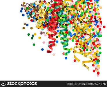 Colorful streamer and confetti. Holidays decoration with carnival party serpentine