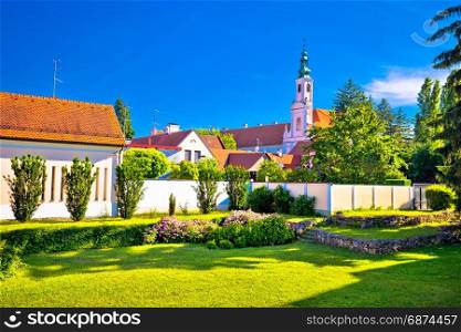 Colorful street and green park in baroque town Varazdin view, northern Croatia