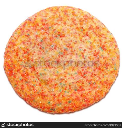 Colorful sugar crystal cookie over white.
