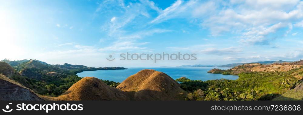 Colorful sunny day panorama at Amelia sunset point, Labuan Bajo, Flores Island, Indonesia.. Colorful sunny day panorama at Amelia sunset point.